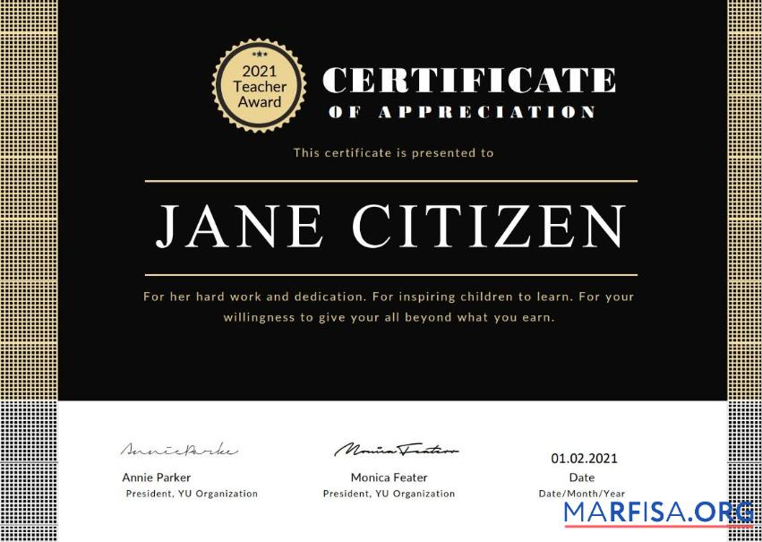 Printable USA Teacher Appreciation certificate example